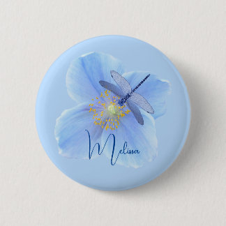 Macaron Rond 5 Cm Libellule sur bouton de Pavot Bleu