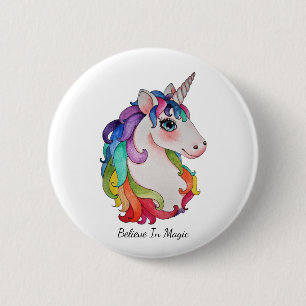 Macaron Rond 5 Cm Licorne d'aquarelle avec des cheveux d'arc-en-ciel