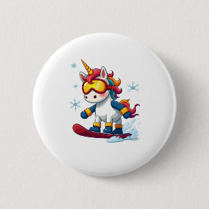 Macaron Rond 5 Cm Licorne sur Snowboard - Ski drôle et sports d'hive