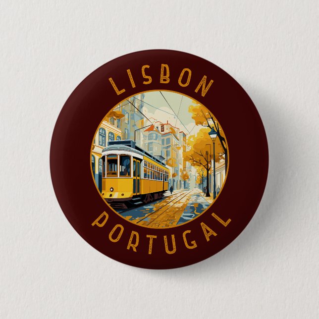 Macaron Rond 5 Cm Lisbonne Portugal Tramway Jaune Rétro (Devant)