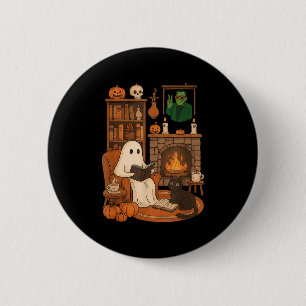 Macaron Rond 5 Cm Livre de lecture fantôme cosy Halloween rétro de l