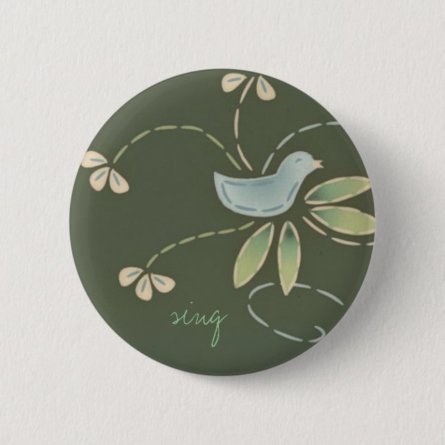 Macaron Rond 5 Cm l'oiseau heureux de jour, chantent (Devant)