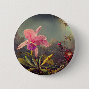 Macaron Rond 5 Cm L'orchidée de Cattleya et trois colibris Heade