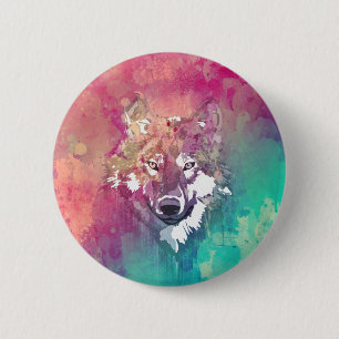 Macaron Rond 5 Cm Loup abstrait artistique d'aquarelle rose de