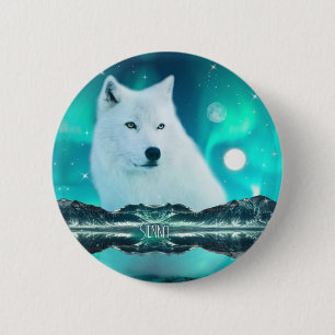 Macaron Rond 5 Cm Loup arctique et nuit magique avec aurores boréale