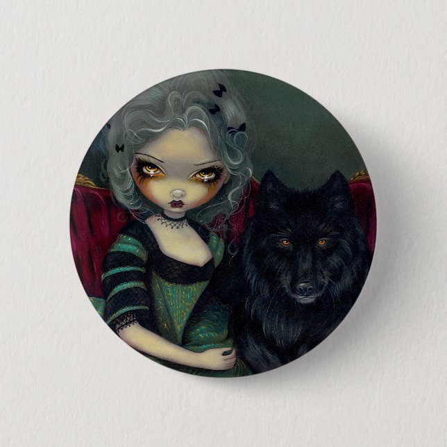 Macaron Rond 5 Cm "Loup-Garou : " Bouton Noir (Devant)