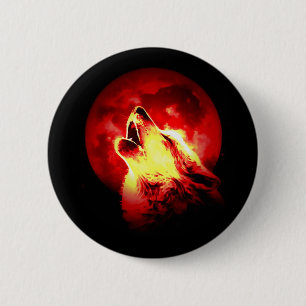 Macaron Rond 5 Cm Loup hurlant la nuit rouge