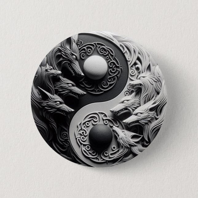 Macaron Rond 5 Cm Loup noir et blanc (Devant)