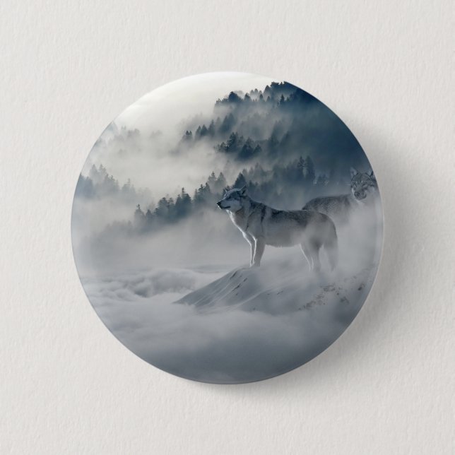 Macaron Rond 5 Cm Loups majestueux dans la fosse forestière (Devant)