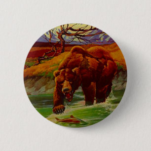 Macaron Rond 5 Cm L'ours gris pêchant la faune soutient le cadeau d