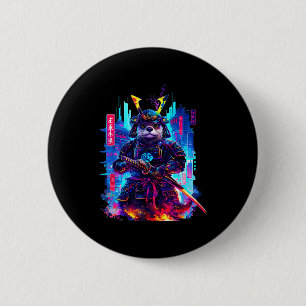 Macaron Rond 5 Cm Loutre Katana Cyberpunk Néon Samouraï Art Japonais