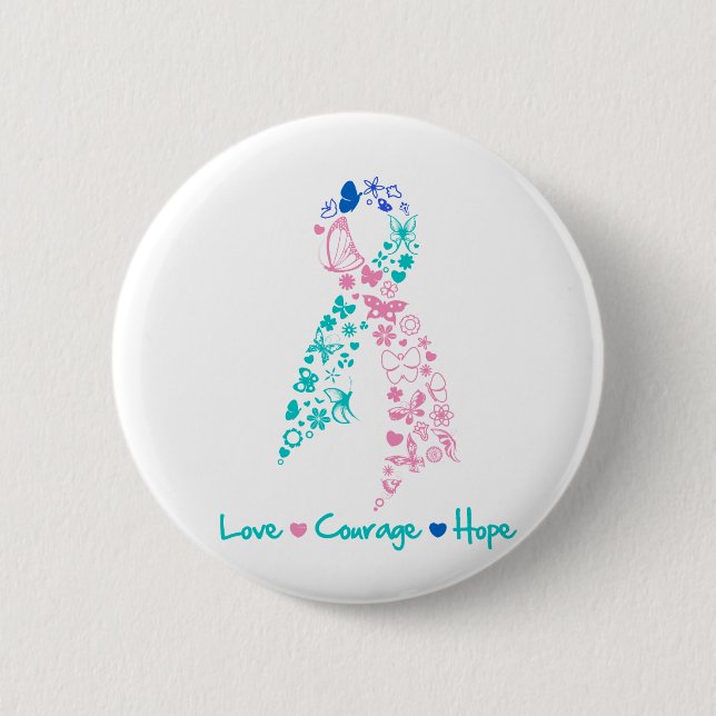 Macaron Rond 5 Cm Love Courage Hope Butterfly - Thyroid Cancer (Devant)