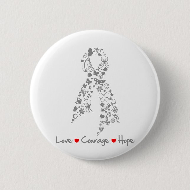 Macaron Rond 5 Cm Love Courage Hope Papillon - Cerveau Cancer (Devant)