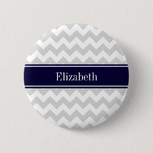 Macaron Rond 5 Cm Lt Grey Blanc Chevron Marine Nom bleu Monogramme