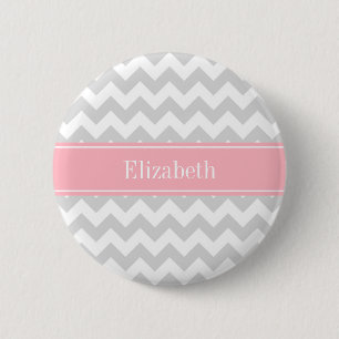 Macaron Rond 5 Cm Lt Grey White Chevron Zigzag Pink Nom Monogramme