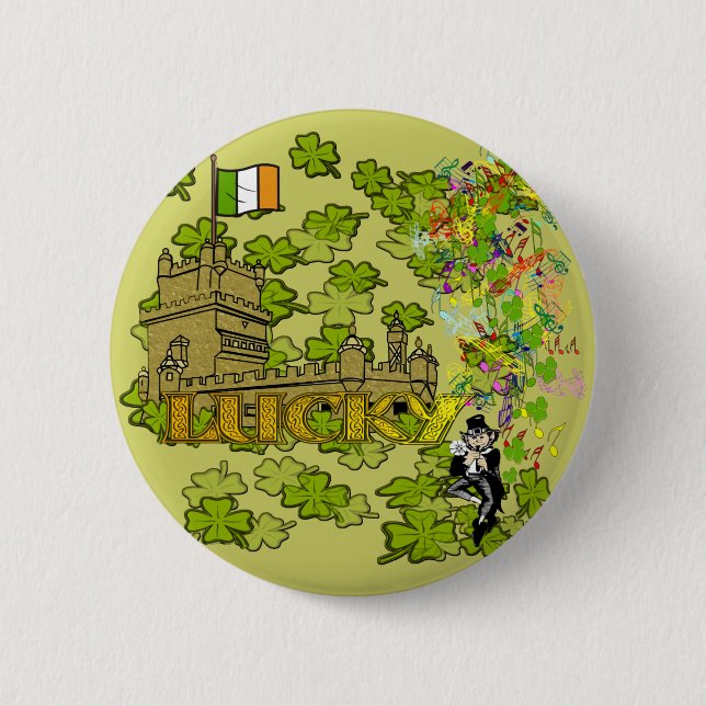 Macaron Rond 5 Cm Lucky Leprechaun et son château irlandais (Devant)