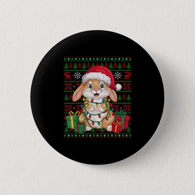 Macaron Rond 5 Cm Lumières de Noël Lapin Bunny Chapeau de Père Noël  (Devant)