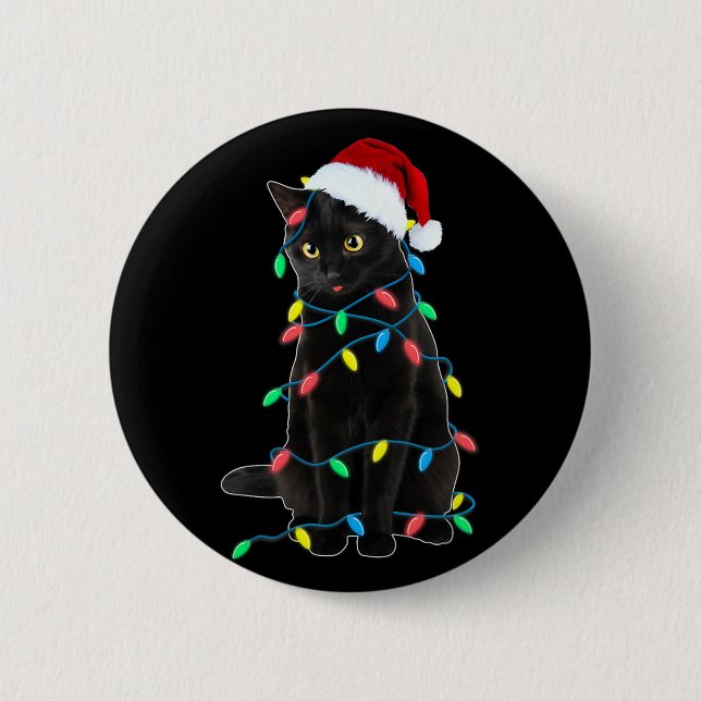 Macaron Rond 5 Cm Lumières de sapin de Noël chat noir drôle Santa ch (Devant)
