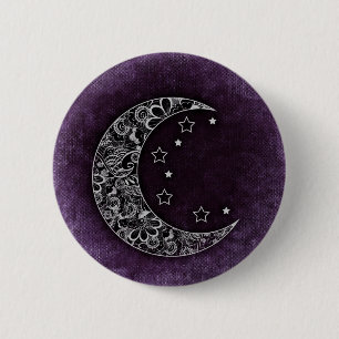 Macaron Rond 5 Cm Lune à croissant floral d'or et étoiles sur violet