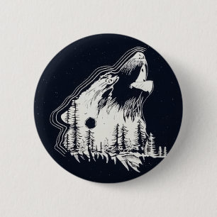 Macaron Rond 5 Cm Lune Forêt de pins d'hiver Wolf