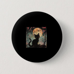 Macaron Rond 5 Cm Lune rouge mystique avec chat noir et Sakura