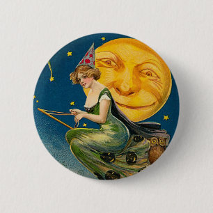 Macaron Rond 5 Cm Lune sorcière d'Halloween vintage