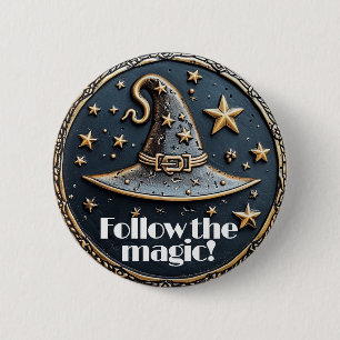 Macaron Rond 5 Cm Magic broche sorcière pointé casquette et étoiles 