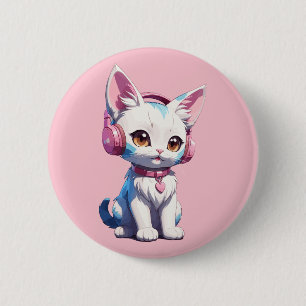 Macaron Rond 5 Cm Magic Chaton Mignon avec Écouteurs