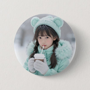 Macaron Rond 5 Cm Magie de l'Hiver : Bouton Anime Fille au Mint Ador