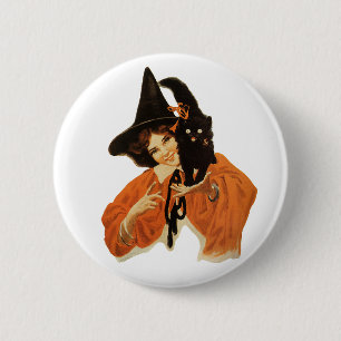 Macaron Rond 5 Cm Magnifique sorcière vintage avec chat noir sur l'é