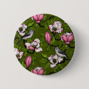 Macaron Rond 5 Cm Magnolia en floraison et oiseau de tireur 2