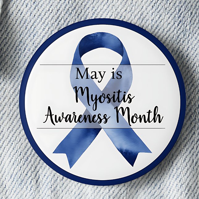 Macaron Rond 5 Cm Mai Mois de sensibilisation à la myosite (Blue awareness ribbon. May is Myositis Awareness Month pinback button.)