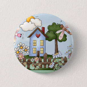 Macaron Rond 5 Cm Maison de campagne bleue mignonne au soleil