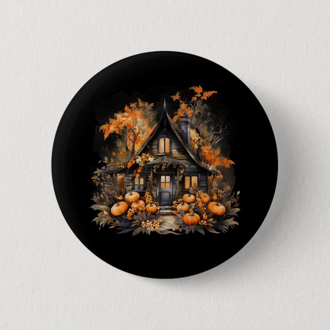 Macaron Rond 5 Cm Maison hantée avec Halloween Citrouille (Devant)