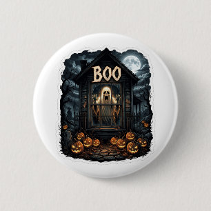 Macaron Rond 5 Cm Maison hantée effrayante BOO Fantôme à la fenêtre
