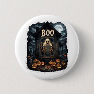 Macaron Rond 5 Cm Maison hantée effrayante BOO Fantôme à la fenêtre 