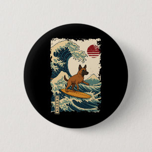 Macaron Rond 5 Cm Malinois belge surfant sur la vague japonaise de K