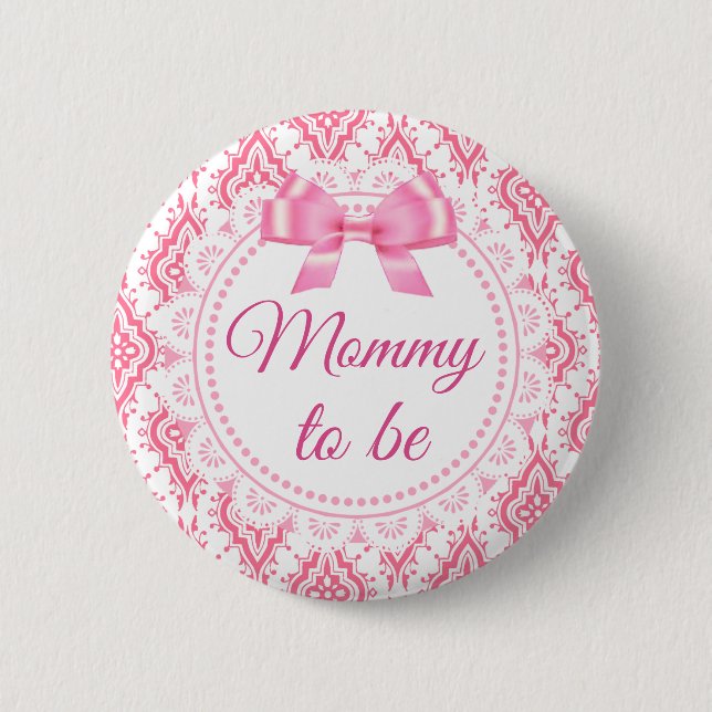 Macaron Rond 5 Cm Maman à être rose Bow Lacey Baby shower Button (Devant)