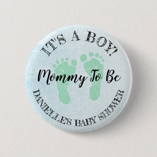 Macaron Rond 5 Cm Maman doit être bleu et vert Footprints Baby showe