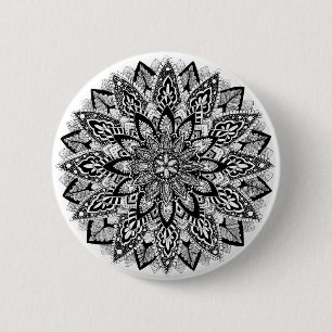 Macaron Rond 5 Cm Mandala de fleur noir et blanc
