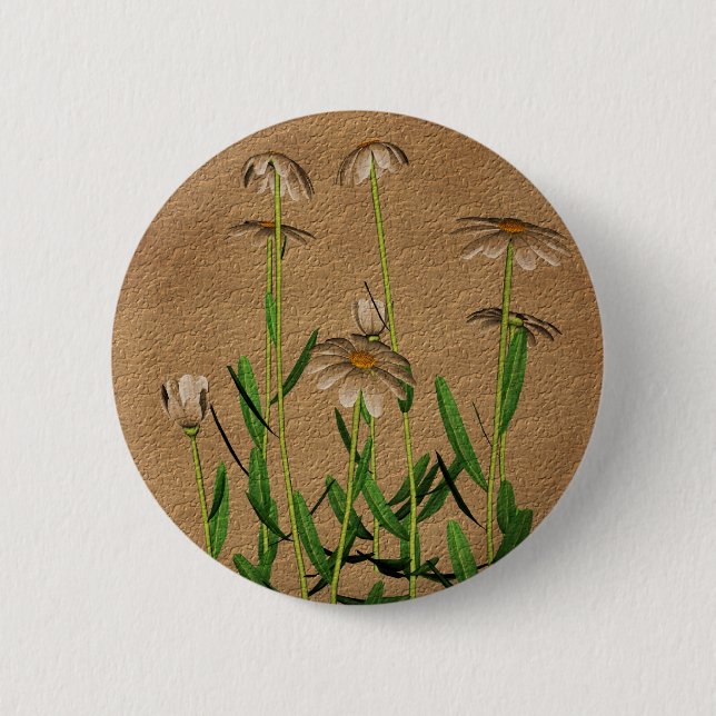 Macaron Rond 5 Cm Marguerites sur floral de papier âgé (Devant)
