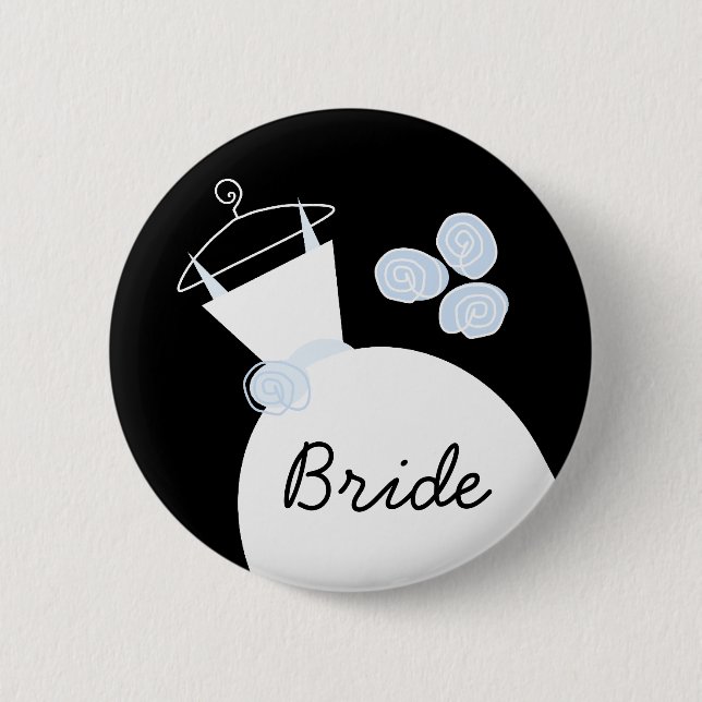Macaron Rond 5 Cm Mariage Gown Blue 'Bride' bouton noir (Devant)