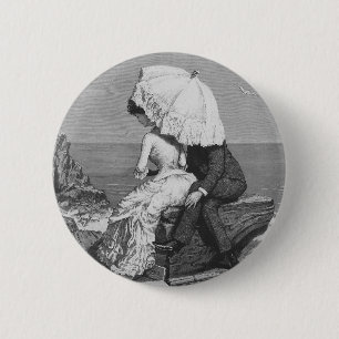 Macaron Rond 5 Cm Mariage Vintage, Jeunes Mariés au Bord de la Mer
