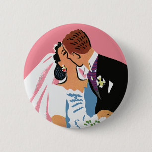Macaron Rond 5 Cm Mariage Vintage, Mariés Rétro s'Embrassant