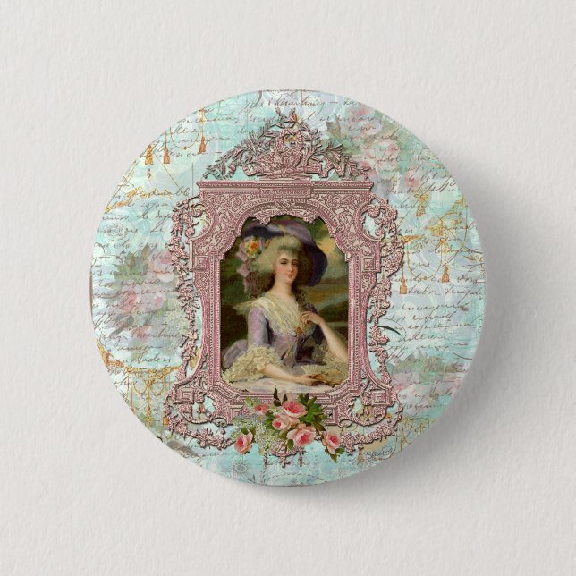 Macaron Rond 5 Cm Marie Antoinette dans un cadre rose (Devant)