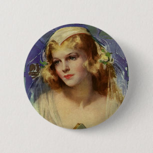 Macaron Rond 5 Cm Mariée vintage tenant une Bible, mariage religieux