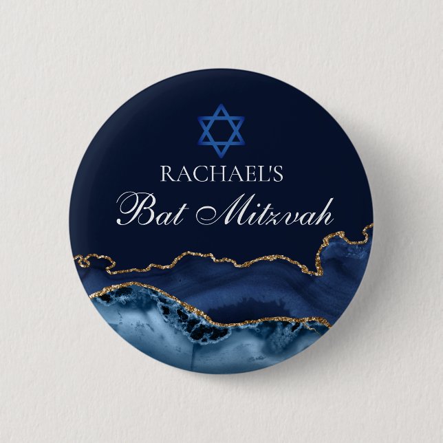 Macaron Rond 5 Cm Marine Blue Gold Agate Custom Bat mitzvah Party (Devant)