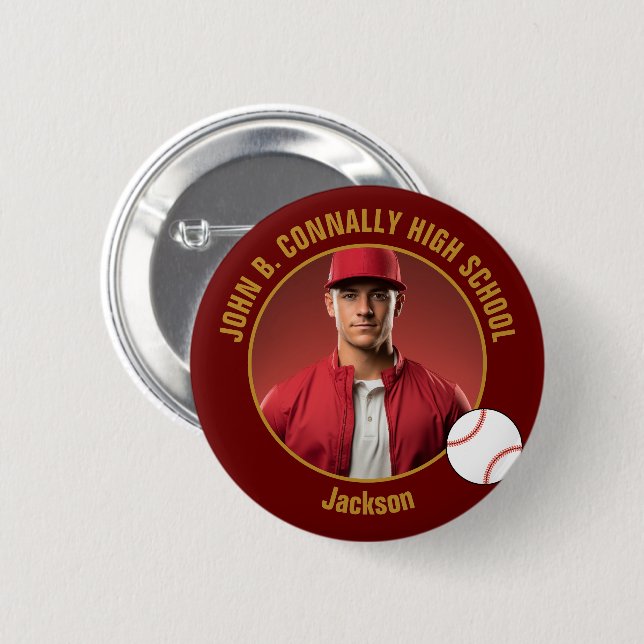 Macaron Rond 5 Cm Maroon Gold Baseball Player Photo High School (Devant & derrière)