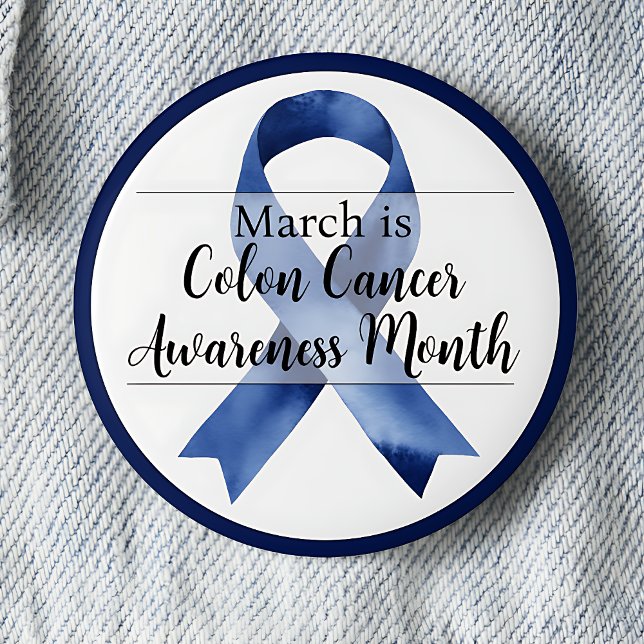 Macaron Rond 5 Cm Mars Mois de sensibilisation au cancer du côlon (March is Colon Cancer Awareness Month.  Blue awareness ribbon.)