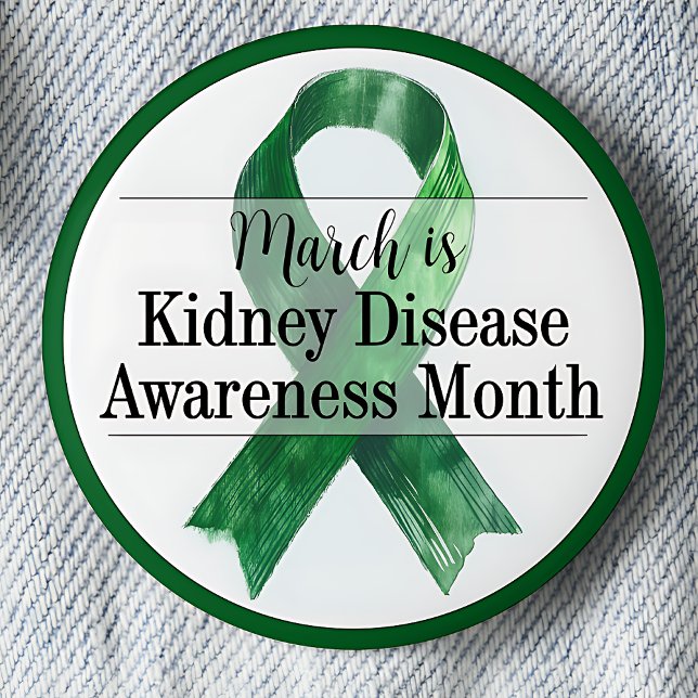 Macaron Rond 5 Cm Mars Mois de sensibilisation aux maladies du rein (March is Kidney Disease Awareness month pinback button.  Green awareness ribbon.)